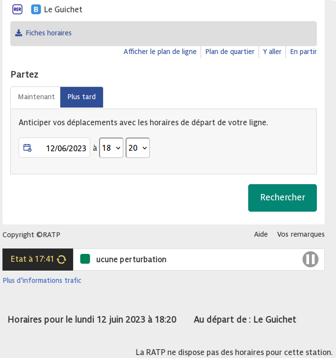 dhekkir's tweet photo. Toujours une blague, ce site du #RERB, où il est impossible de connaître l'heure de passage des trains dans un futur proche (< 1 heure). J'adore le message : "La RATP ne dispose pas des horaires pour cette station". Je veux bien le croire, vu le désordre interne... @ClientsRATP https://t.co/f7pZj8Rw1F