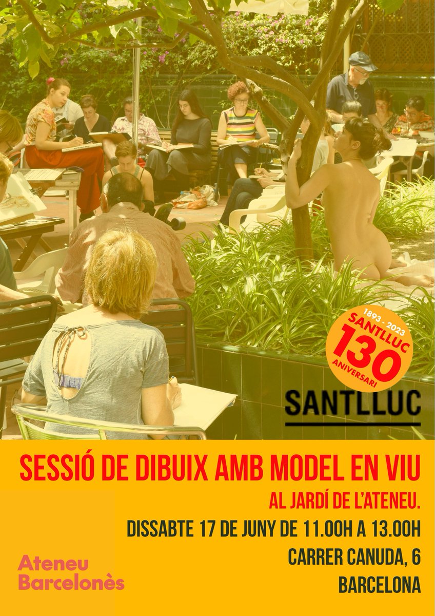 Sant Lluc (@santlluc) on Twitter photo El proper dissabte 17 recuperem la sessió de dibuix amb model en viu al jardí de l'@ateneubcn. Porteu blocs amb suport rígid i estris de dibuix.
📅 Dissabte 17 de juny d'11:00h a 13:00h.
Activitat gratuïta.
Inscripcions: 933024579 / santlluc@santlluc.cat El proper dissabte 17 recuperem la sessió de dibuix amb model en viu al jardí de l'@ateneubcn. Porteu blocs amb suport rígid i estris de dibuix.
📅 Dissabte 17 de juny d'11:00h a 13:00h.
Activitat gratuïta.
Inscripcions: 933024579 / santlluc@santlluc.cat