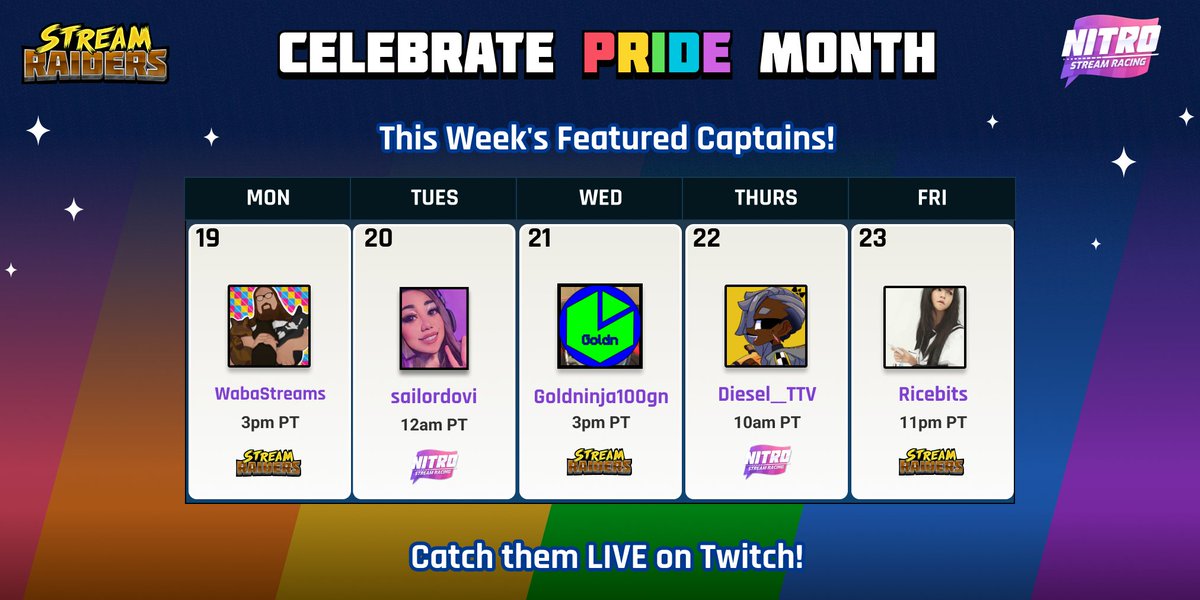 Brace yourselves for an amazing lineup of Pride Month Featured Captains!

Join us in showing endless support for @wabastreams, @sailordovi, @Goldninja100gn, @DieselTTV, and @BoopRicebits as they take the spotlight this week! 🌟🏳️‍🌈