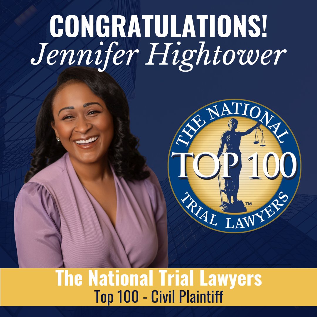 We are thrilled to share that Attorney Jennifer Hightower has been named to The National Trial Lawyers Top 100 - Civil Plaintiff list.

Congratulations, Jennifer! We are so proud of your well-deserved recognition!

#nationaltriallawyers #womeninlaw

To learn more about Jennifer,