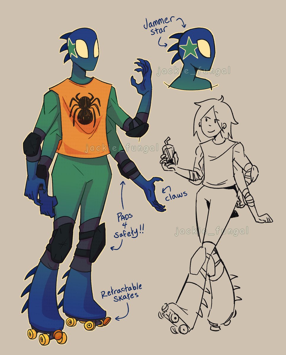 Jackie_Fungal's tweet photo. Here they are!!! They have 4 arms, spikey hairs, and sick roller derby skills. Also idk what their alias would be :,) #SpiderManAcrossTheSpiderVerse #SpiderVerse #ATSV #spidersona https://t.co/SjoJmjbAbZ