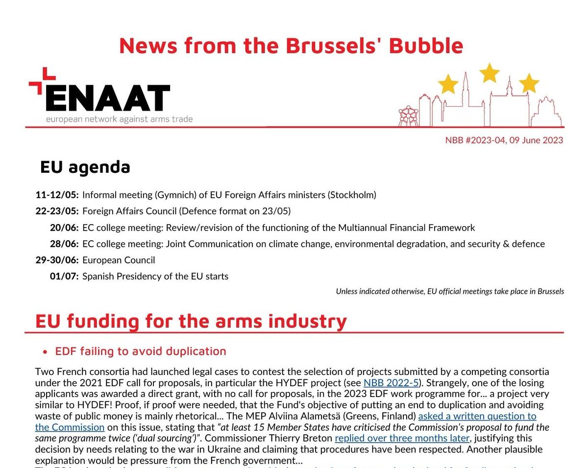 For updated information on #EU militarisation like #EUDefenceFund, #ASAP, #EDIRPA, #EPF, military spending, #greenwashing, climate & defence and so on, read our latest 'News from the Brussels' Bubble' ➡️enaat.org/wp-content/upl…
#noEUmoney4arms #FundPeaceNotWar #WarCostsUsTheEarth