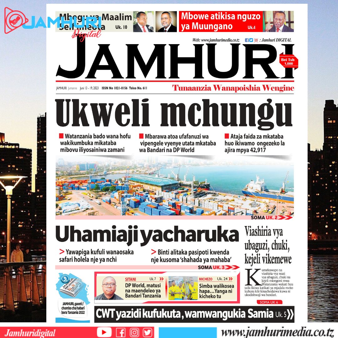 jamhurmedia's tweet photo. Habari kubwa  katika gazeti la Jamhuri, wiki hii.

■Ukweli mchungu.
■Mbowe atikisa nguzo ya Muungano.
■CWT wazidi kufukuta, wamwangukia Rais Samia.
■Simba walikosea hapa ...Yanga ni kicheko tu.

Zaidi ya muhtasari! 
soma kupitia https://t.co/cC0RilkqSC https://t.co/a7TW4uVGG1