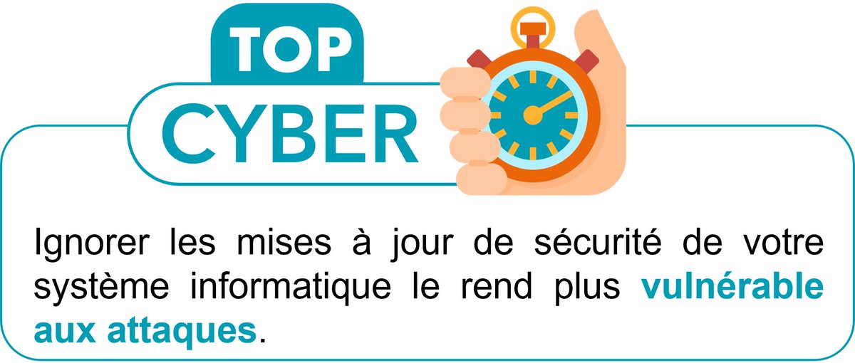 Les mises à jour de sécurité de votre système informatique sont essentielles. Faites-les systématiquement.
#TopCyber #Cybersecurité #MutualisationInformatique #Sensibilisation