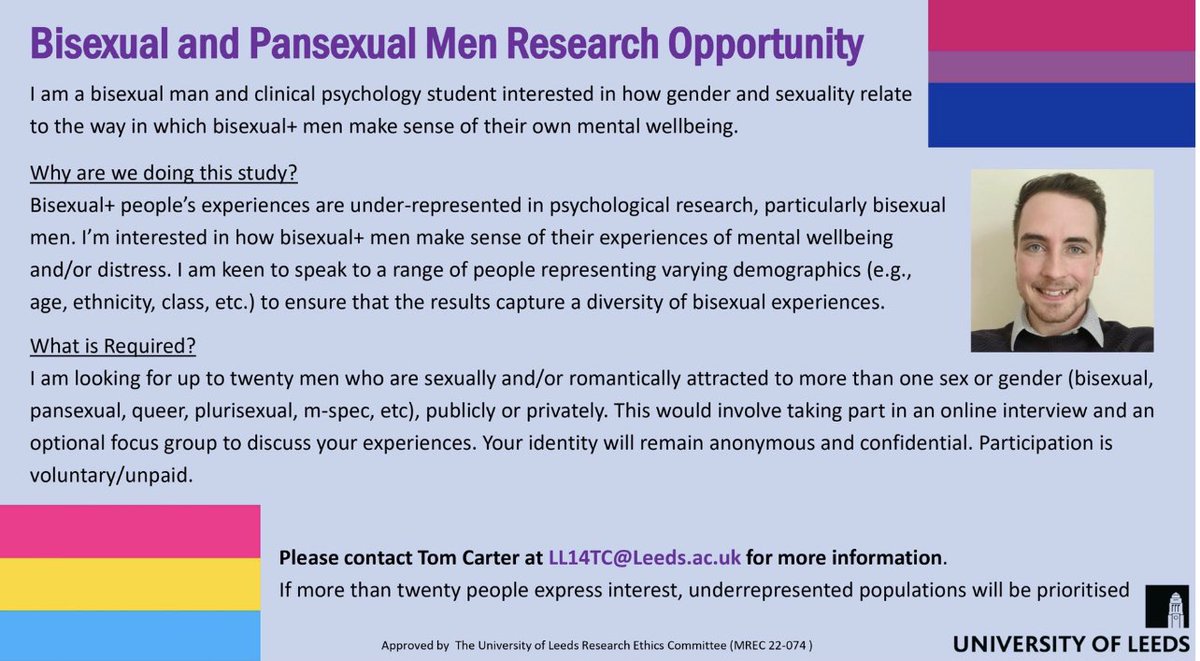 🚨Research opportunity: #bisexual+ men needed to take part in an online interview and focus group. The study is interested in how #gender and #sexuality relate to the ways in which bisexual+ men make sense of their own mental wellbeing and / or distress. Email LL14tc@Leeds.ac.uk