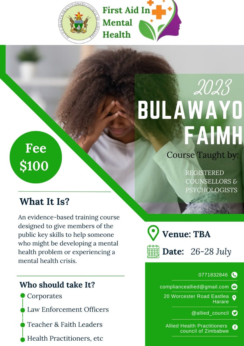 allied_council's tweet image. THE WAIT IS ALMOST OVER...

#Bulawayo you're remembered

Register today for the First Aid in Mental Health Zimbabwe Training which will be starting from the 26th-28th of July 2023 in Bulawayo.

For registration call/App 077 183 2846
#mentalhealthmatters 
#knowtheregulator