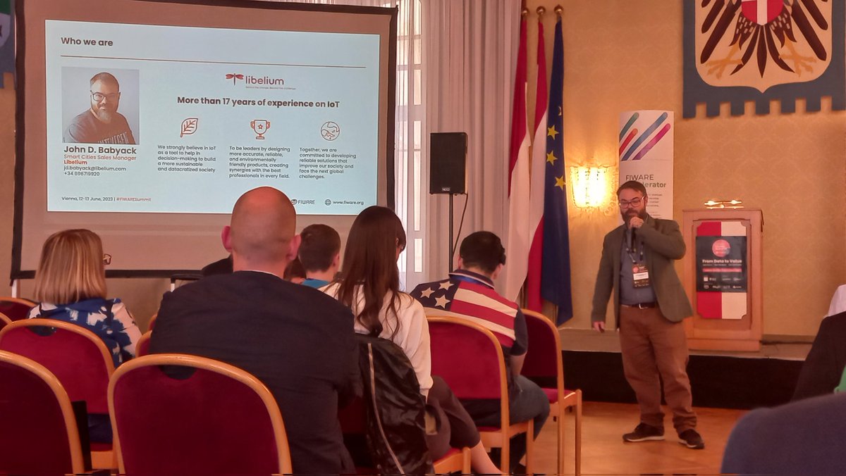 libelium's tweet photo. 🚧 @JohnDBabyack is presenting an environmental project underway at #FiwareSummit: monitoring key parameters during the construction of a Spanish highway. Leveraging IoT, this project aims to minimize ecological impact and ensure responsible construction practices. https://t.co/0FVgjk99xG