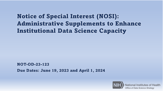 🗣️Exciting news for the data science community:

Applications for the ODSS NOFO to boost institutional capacity in diverse data science domains are open until June 19!

From bioinformatics to machine learning, expand your expertise: grants.nih.gov/grants/guide/n… #NIHData