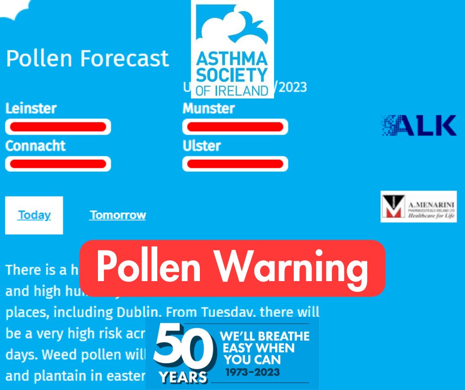 AsthmaIreland's tweet photo. VERY HIGH POLLEN ALERT!
There will be a very high risk nationwide for a few days.
Check our Pollen Tracker daily for pollen forecast and tips to survive hay fever season.
Click👉 https://t.co/DfAu7yrvAB

#asthma #hayfever #pollen # #alk #amenarini #asthmasociety #pollentracker https://t.co/VaS6Eapsmi