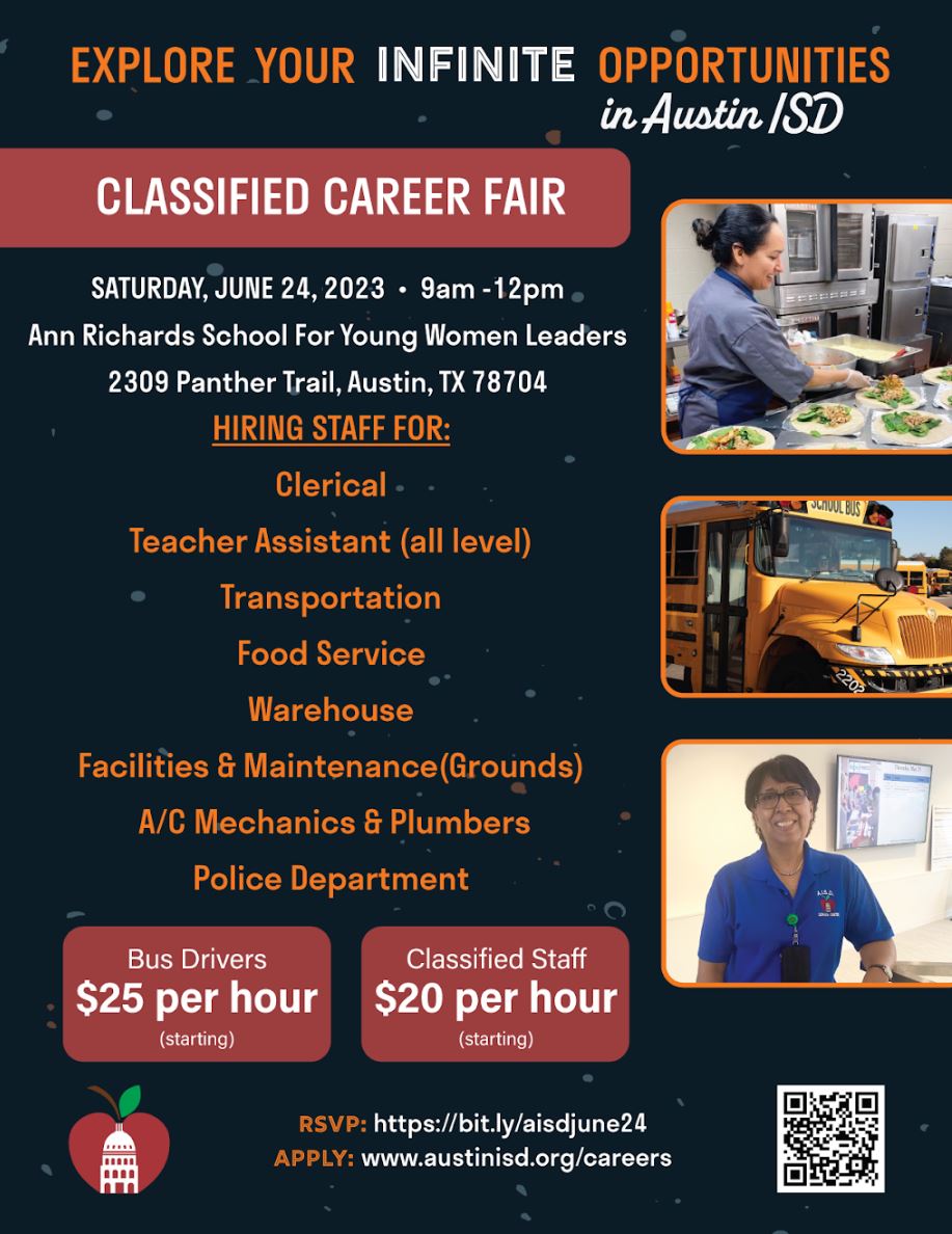 Austin ISD Office of Talent Strategy (@weareaisd) on Twitter photo Are you looking for an exciting career? Join us at the <a href="/AustinISD/">Austin ISD</a> Classified Career Fair! Don't miss this chance to make a difference in the lives of students and contribute to their educational journey. ๐โจ Mark your calendar and come prepared for on-site interviews! Are you looking for an exciting career? Join us at the <a href="/AustinISD/">Austin ISD</a> Classified Career Fair! Don't miss this chance to make a difference in the lives of students and contribute to their educational journey. ๐โจ Mark your calendar and come prepared for on-site interviews!