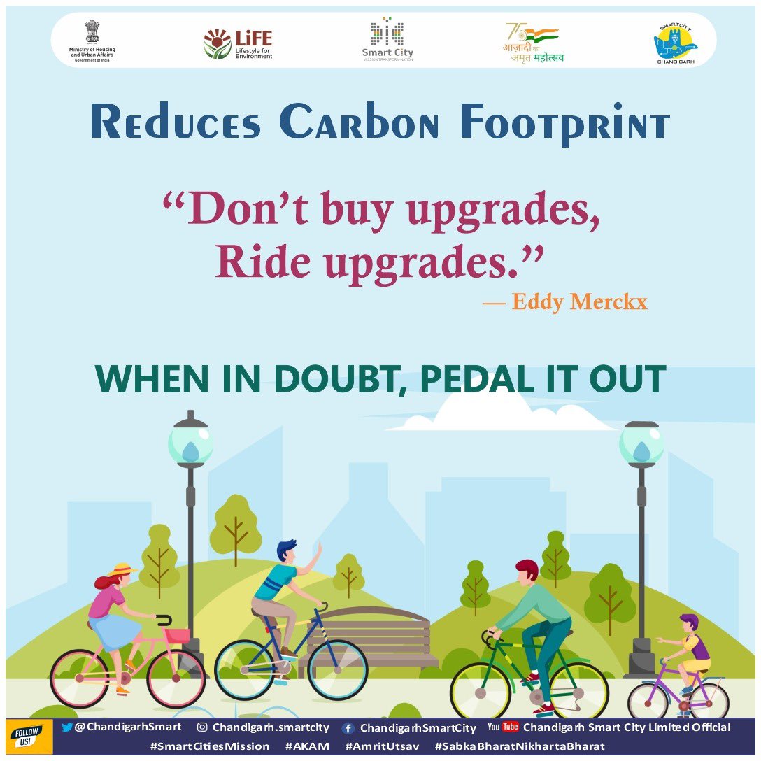 Bicycle riding is a pollution-free mode of transportation. Let’s start cycling and contribute to save air pollution !!

#ChandigarhSmartCity #cyclinglife #cycling #SmartCityChandigarh #SmartCitiesMission #AKAM #AmritUtsav #environment #SabkaBharatNikhartaBharat
