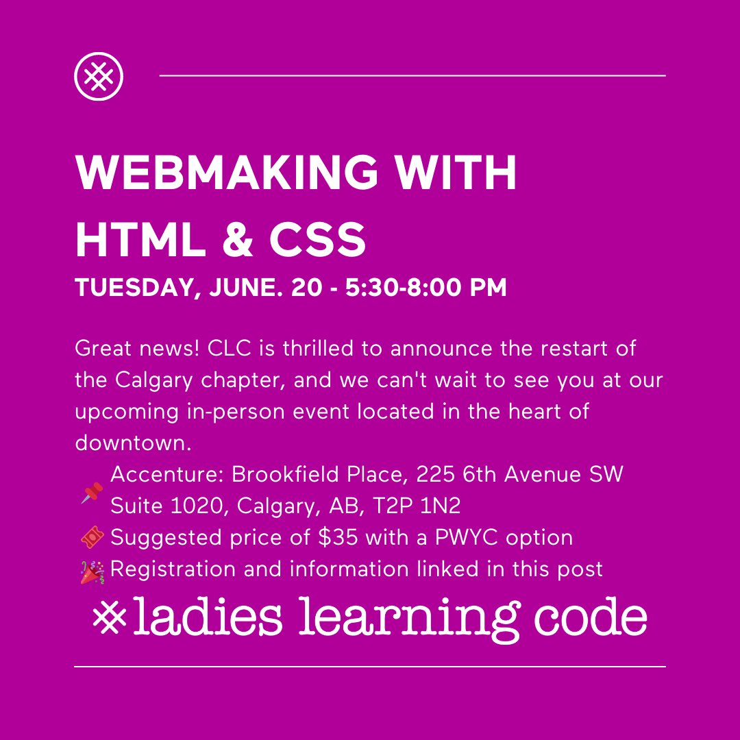learningcodeyyc's tweet image. Canada Learning Code Calgary is excited to be hosting in person workshops again! 🎉 The first event is on June 20th so make sure to sign up!
canadalearningcode.ca/experiences/ca…
@learningcode @AccentureCanada
#HTML #CSS #Coding