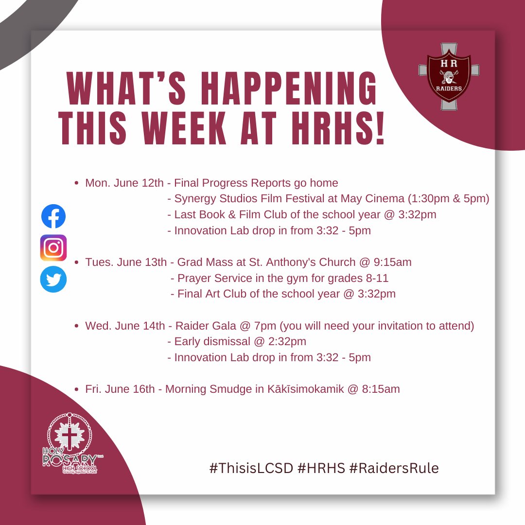At Holy Rosary High School — A busy week ahead at #HRHS!

➡️ Synergy Studios Film Festival is tomorrow 🎞️
➡️ Grad Mass is Tuesday morning at St. Anthony’s Church (grades 8-11 will attend a Prayer Service at the school)
➡️ The Raider Gala happens Wednesday!

Have a great week!