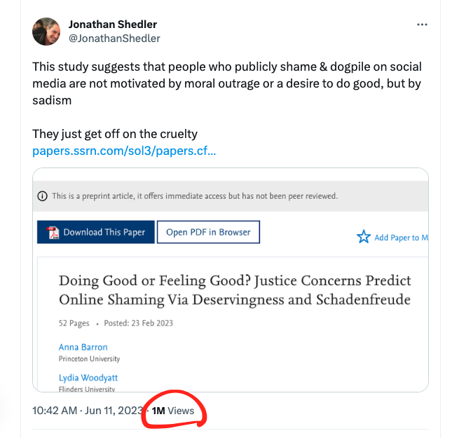 JonathanShedler's tweet photo. Holy shit. A million views in <24 hrs
Must have hit a nerve
https://t.co/uX0eRyqOFM https://t.co/x18Sy81GLj
