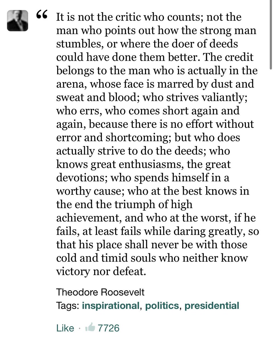 StephenIsChief's tweet image. This quote by Theodore Roosevelt is a thing of sublime beauty! 

He says “The credit belongs to the man who is actually in the arena” 🤌

“If he fails, at least fails whilst daring greatly!” 💫