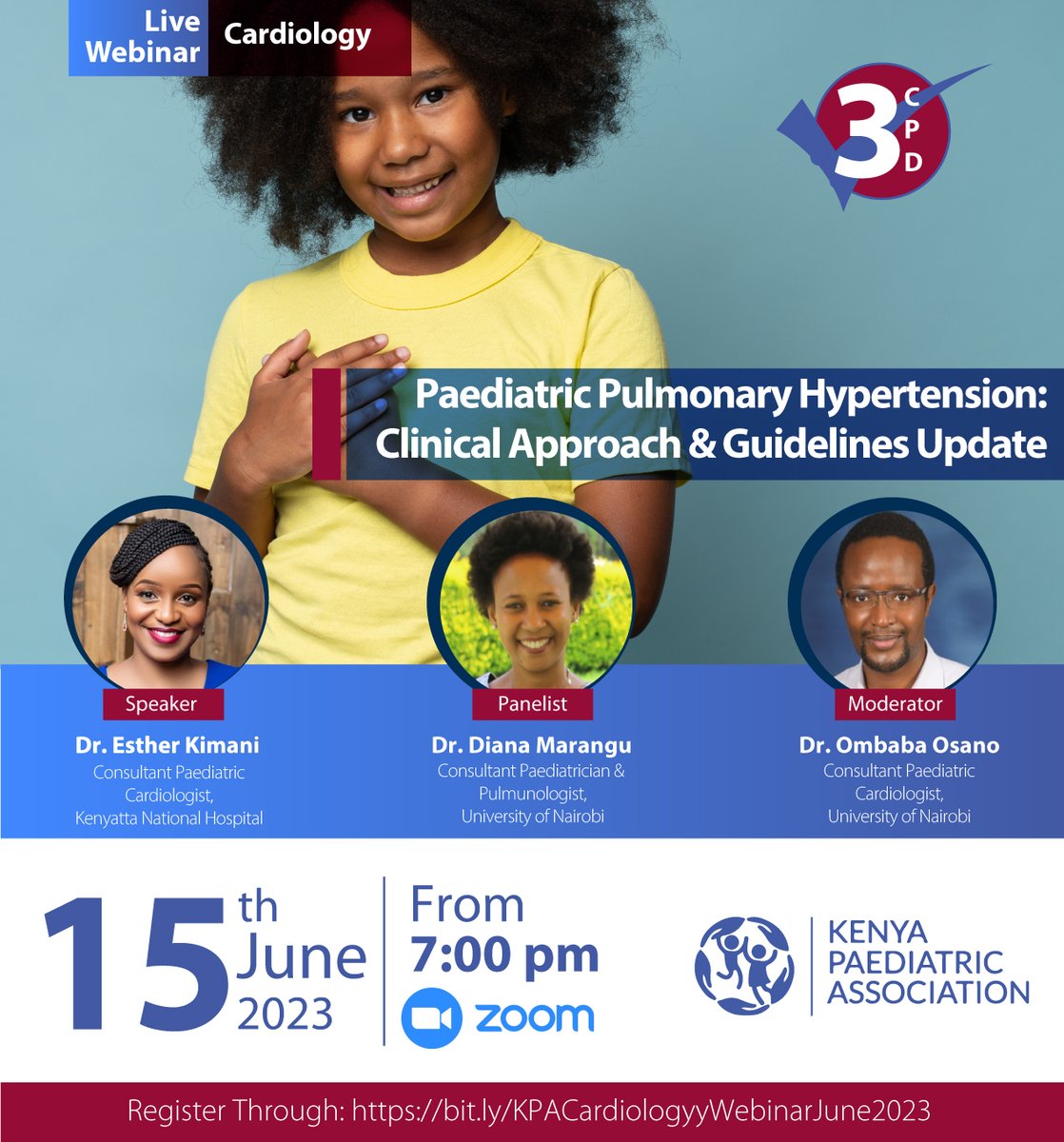 Join us this Thursday starting at 7pm and stay up-to-date with the latest advancements in Cardiology as we discuss Paediatric Pulmonary Hypertension.

Click on this link to register: bit.ly/KPACardiologyy…

#AfyaYaWatotoWetu #Childhealth