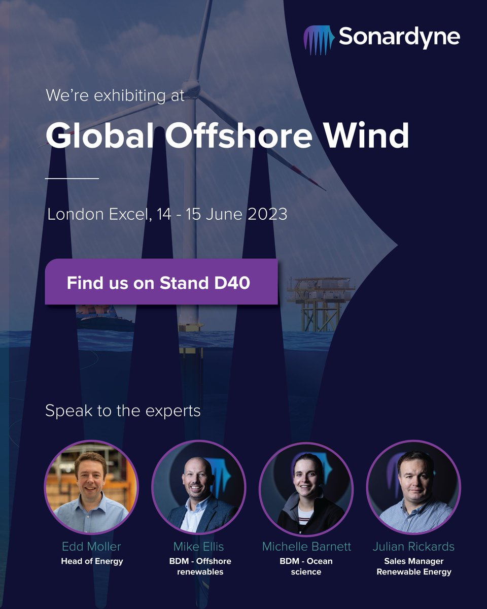If you're heading to Global Offshore Wind this week, then make sure you visit us on Stand D40 don't miss your chance to see Mike Ellis and Julian Rickards' talks during the week. 
#Sonardyne #Energy #Defence #Science #RUKGOW23 #OffshoreEnergy #OffshoreRenewables