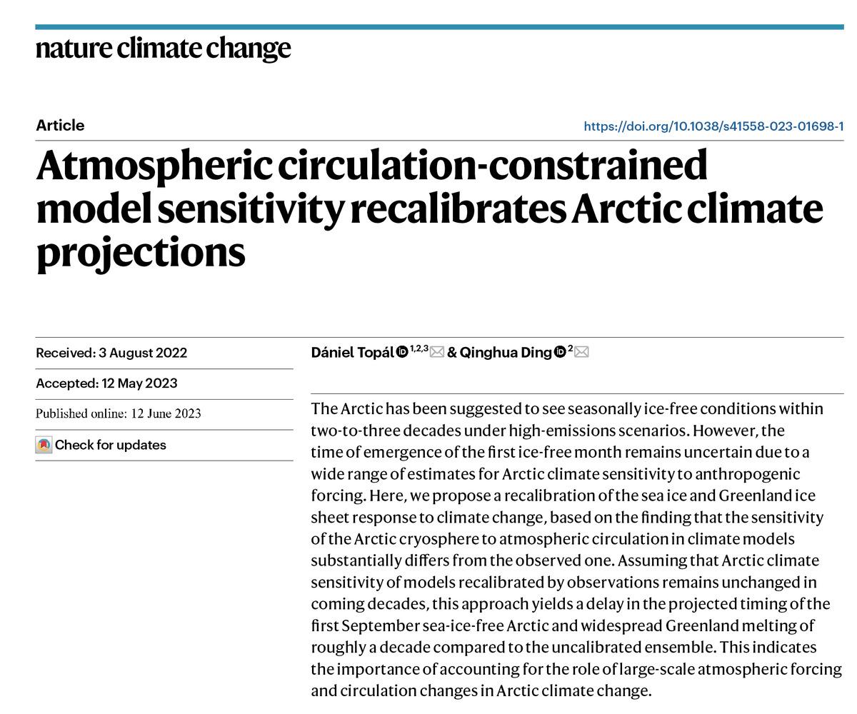 Daniel Topal (@daniel_topal) on Twitter photo Bad news: emissions-driven wind changes are likely not well enough represented in climate models. Good news: when correcting for this issue, the first occurrence of a sea-ice-free Arctic is actually delayed.
More details in <a href="/NatureClimate/">NatureClimate</a>
Free access: rdcu.be/deluw Bad news: emissions-driven wind changes are likely not well enough represented in climate models. Good news: when correcting for this issue, the first occurrence of a sea-ice-free Arctic is actually delayed.
More details in <a href="/NatureClimate/">NatureClimate</a>
Free access: rdcu.be/deluw