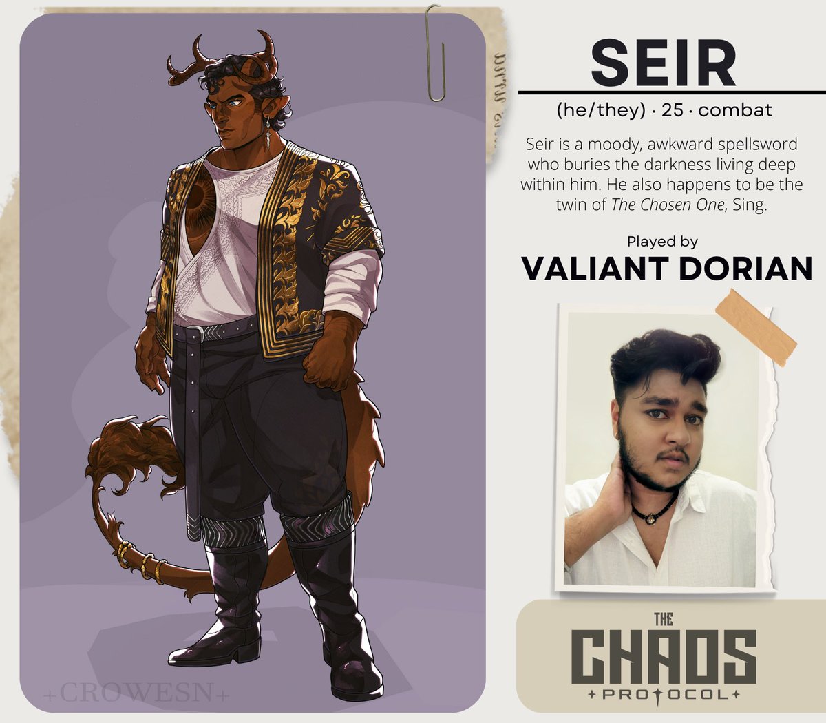TransplanarRPG's tweet photo. “In dreams, I see omens of calamity… sometimes I wonder if they’re portents of my own Fate.”

❌

Seir is Strike Team Nova’s combatant — and he’s The Chosen One™️’s less cool twin brother. Meet him on June 24th at 8pm ET.

Seir is played by @ValiantDorian.
Art by @Crowesn. https://t.co/t5nZm9SWcL
