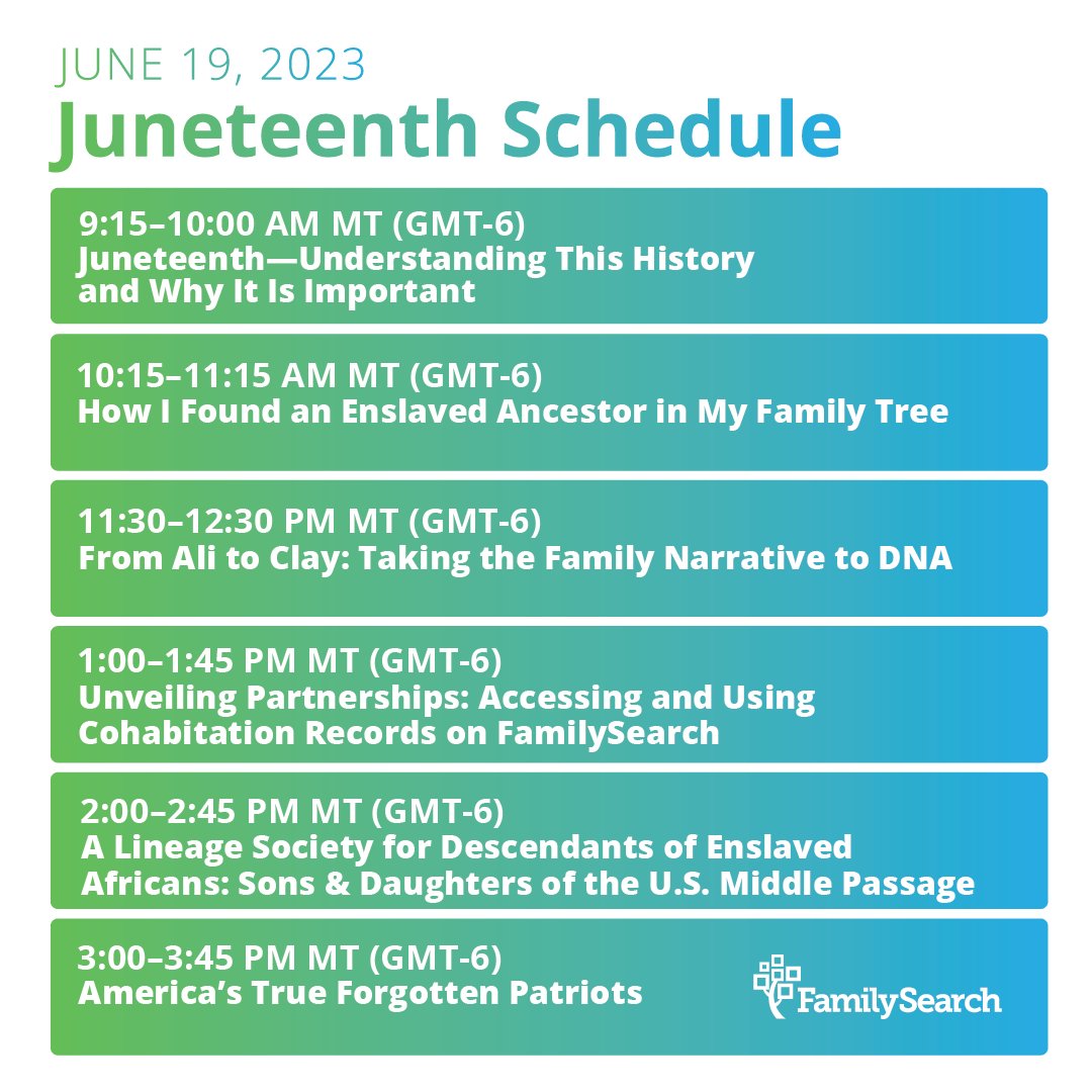 RootsTech is having an event on Juneteenth! Do you want to learn more about African American genealogy? Swipe to see the class schedule, and RSVP on the RootsTech Facebook page!

We hope to see you there!