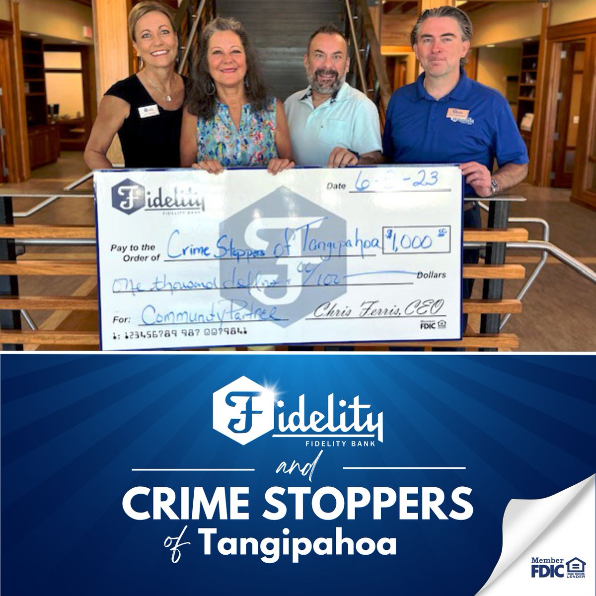 fidelitybankLA: 😄 We're committed to our local communities! We recently presented our Community Partner, Crime Stoppers of Tangipahoa, with a $1,000 check for services they provide to the citizens of Tangipahoa Parish. #HereForGood