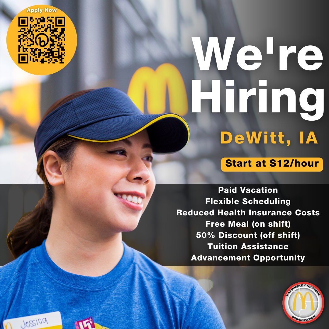 tristatemcd's tweet photo. We are currently hiring at our Dewitt, IA, location! The starting pay is $12/hour, and team members will receive benefits like tuition assistance, reduced health insurance costs, paid vacation, and more! Apply today at https://t.co/hu5pMv5JqC #DeWitt #JobOpportunity #McDonalds https://t.co/5mhIvCiomK