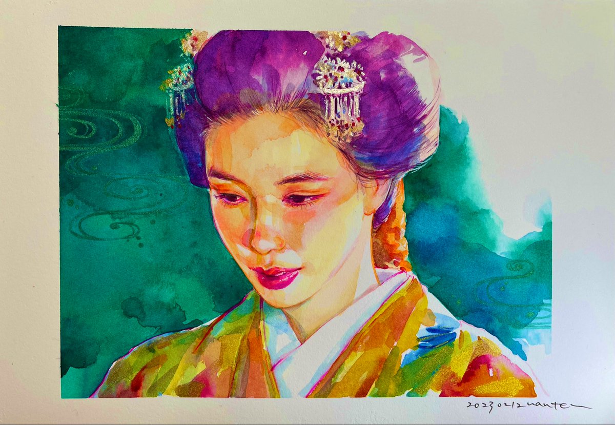 1girl solo purple hair traditional media hair ornament japanese clothes kimono  illustration images