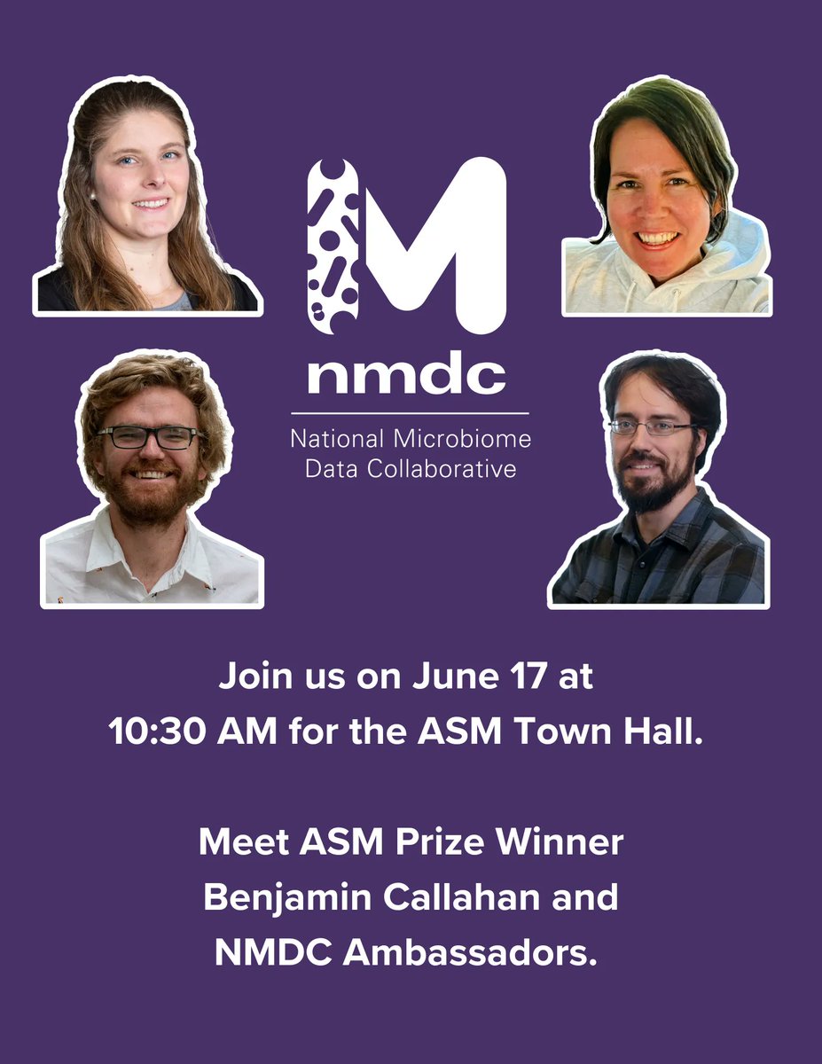 Join the (@microbiomedata ) on June 17 at 10:30 AM for the ASM Town Hall, highlighting the contributions of 2022 ASM Microbiome Prize Awardee, Benjamin Callahan. Meet NMDC Ambassadors (@ishi_keenum and @SaraiFinks ) and learn how they are championing data stewardship. #ASM2023