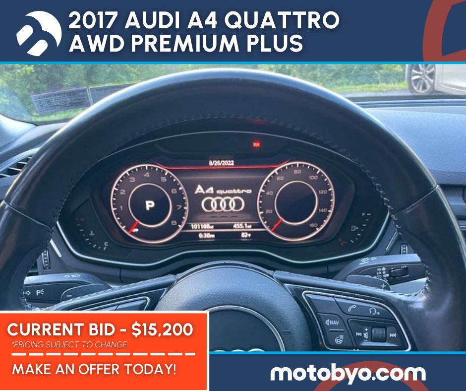 💥 Hot off the lot! Check out this 2017 #AudiA4Quattro AWD Premium Plus with only 119800 miles! 💯

Despite some small dents, this car is in superb condition and has recently been inspected.

Get ready to experience luxury and power! 
👉 motobyo.com/app/listing/23…

#AudiA4ForSale