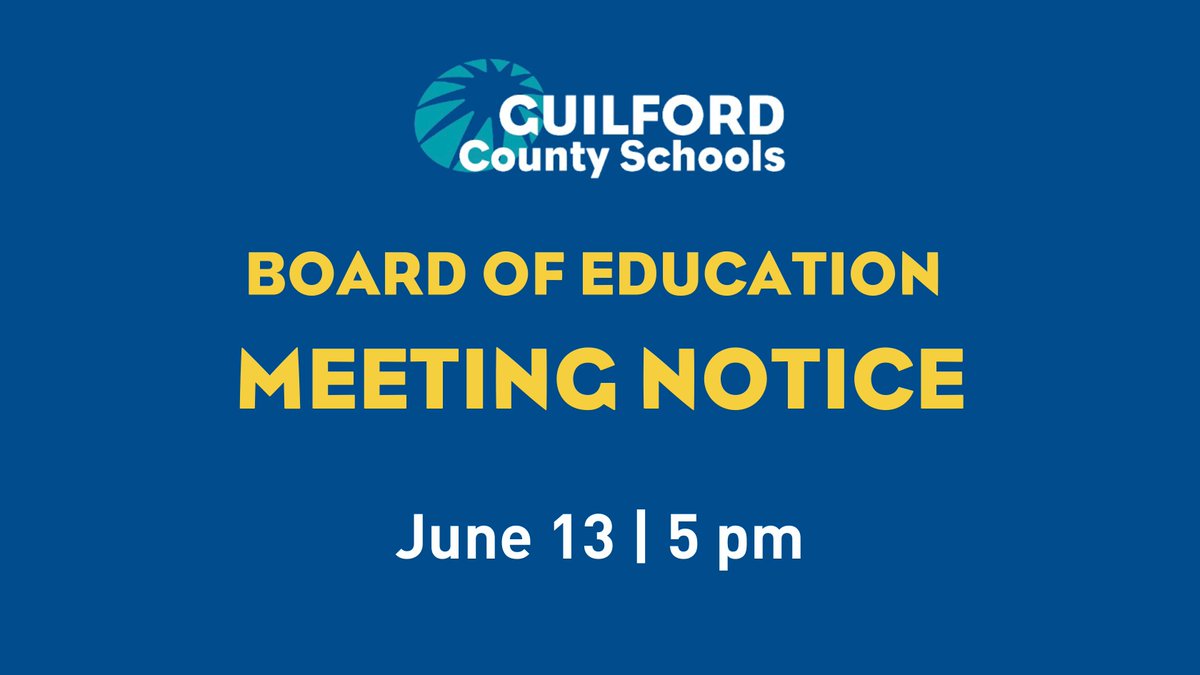 The Board will meet at 5pm tomorrow, June 13. The Board will immediately go into closed session; regular meeting starts at 6pm. Meeting will take place at 712 N. Eugene St, GSO. Agenda: ow.ly/Pg1650OKKG0

A live broadcast of the meeting is available on GCSTV &amp; GCS YouTube.