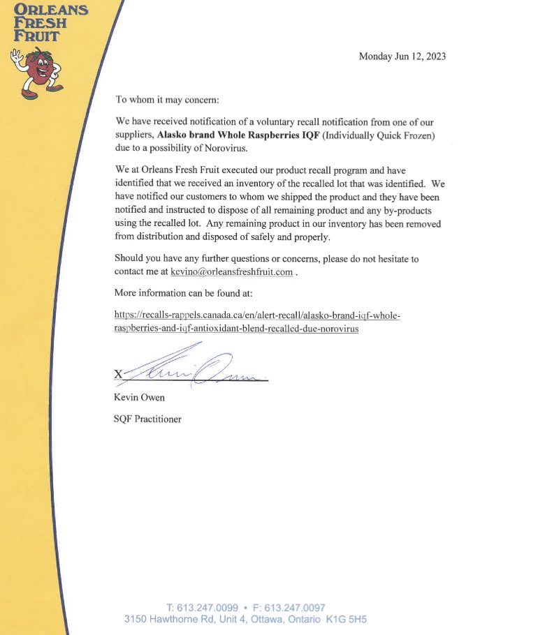 Important Recall on Frozen IQF Raspberries. All accounts affected have been contacted.