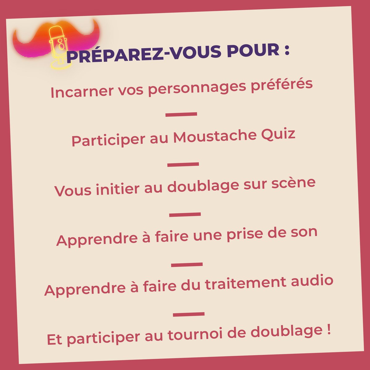 Cette année encore, venez retrouver Micro sur la Moustache à la <a href="/JapanTours37/">Japan Tours Festival</a> du 30 juin au 2 juillet 2023! Cette fois-ci, vous pourrez à nouveau être initié au doublage sur notre stand! Diverses activités sont aussi prévues sur l'ensemble du week-end! Venez donc, les moustaches!