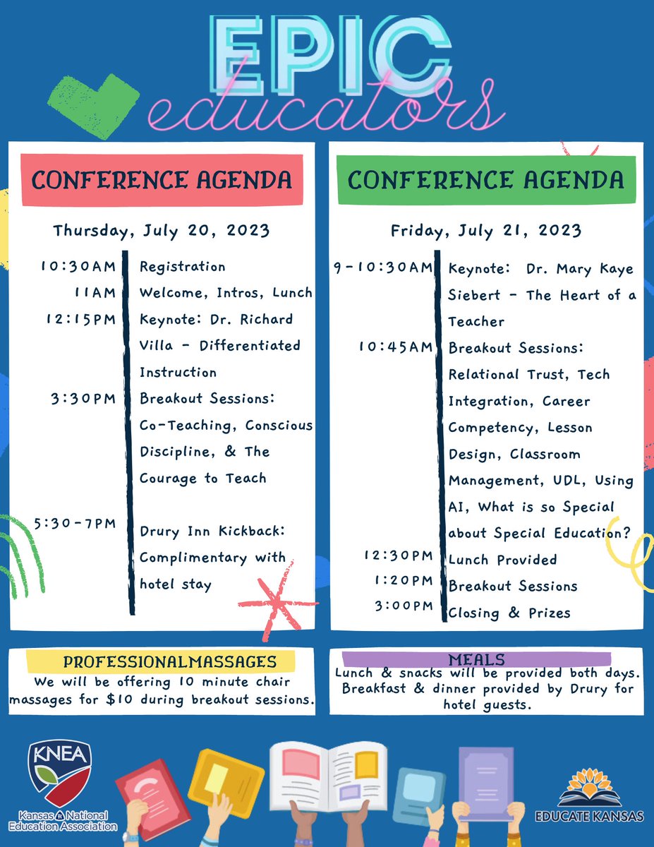 EducateKansas's tweet photo. Register before June 18 for a discounted hotel rate! Just a sneak peek of the amazing presenters and breakout sessions! $25 - Register TODAY!
https://t.co/0r8yIKSg8o
#educatekansas #epiceducators23 #KNEA https://t.co/LA8IamgCXs