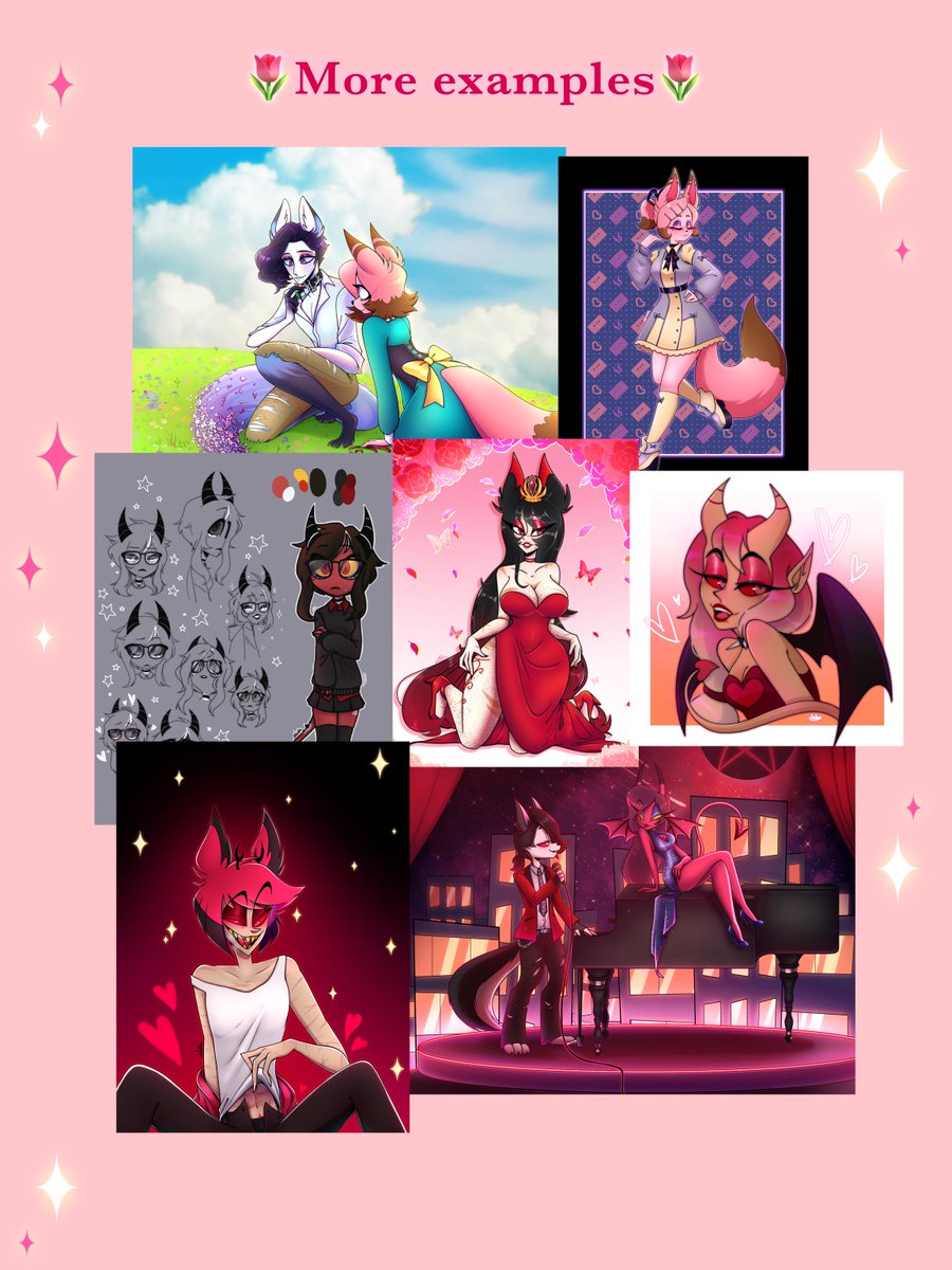 Hello everyone 🌷, I’ll open my commissions today! There are 10 slots, if you are interested send me a DM and I will answer as soon as I can ✨, I’ll wait for you 💖

#HazbinHotel #Furry #Commsopen #lookingartist #HazbinHotelOc #HelluvaBoss #HH #HB #commissionopen