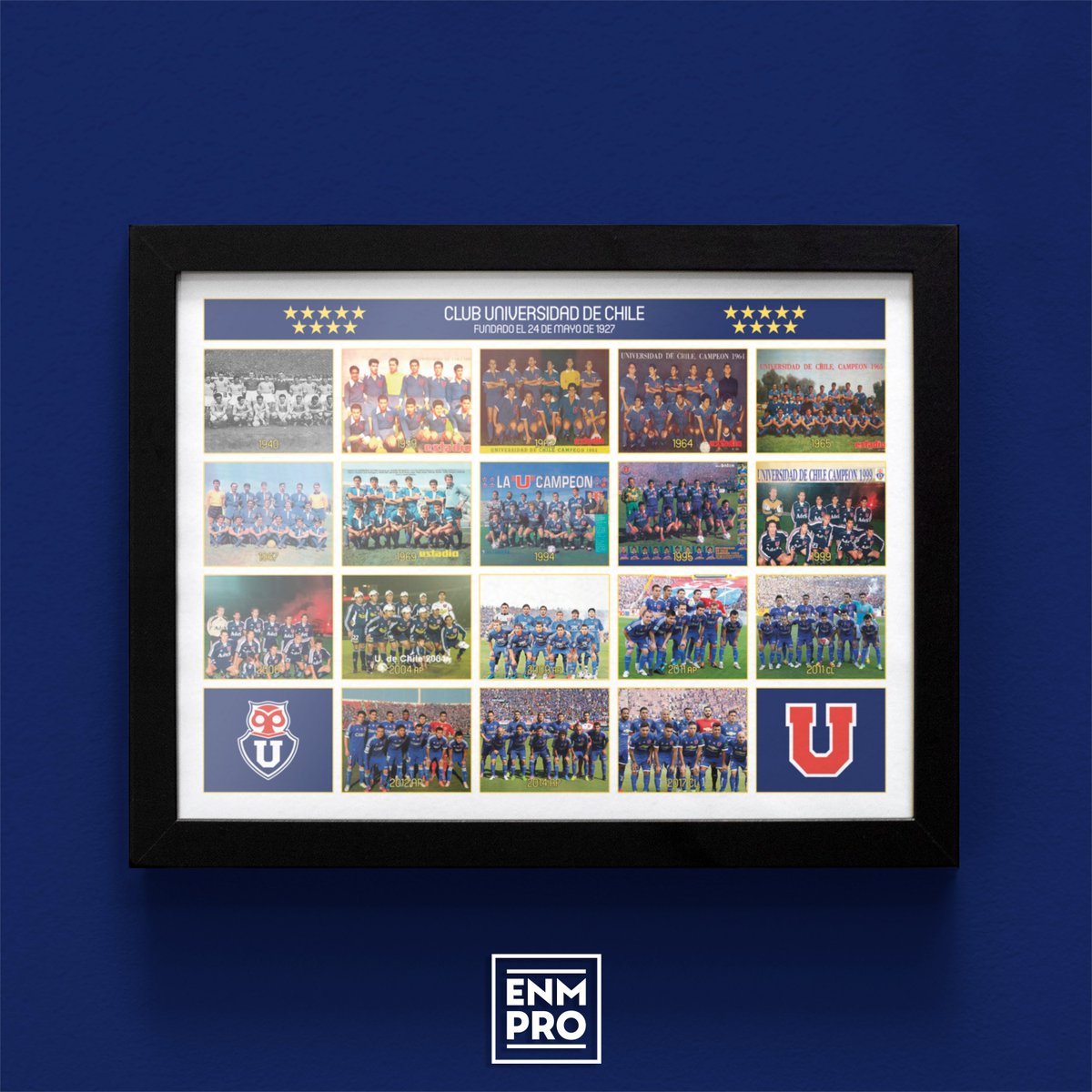 Cuadro con los 18 planteles campeones de primera division de la Universidad de Chile  

Disponible en tamaños:  
30x40 $7.000 
50x70 $20.000

En Instagram puedes encontrar mas diseños disponibles aqui...

#UniversidadDeChile #LaU #VamosLaU #DaleLeon #DaleBulla #RomanticoViajero