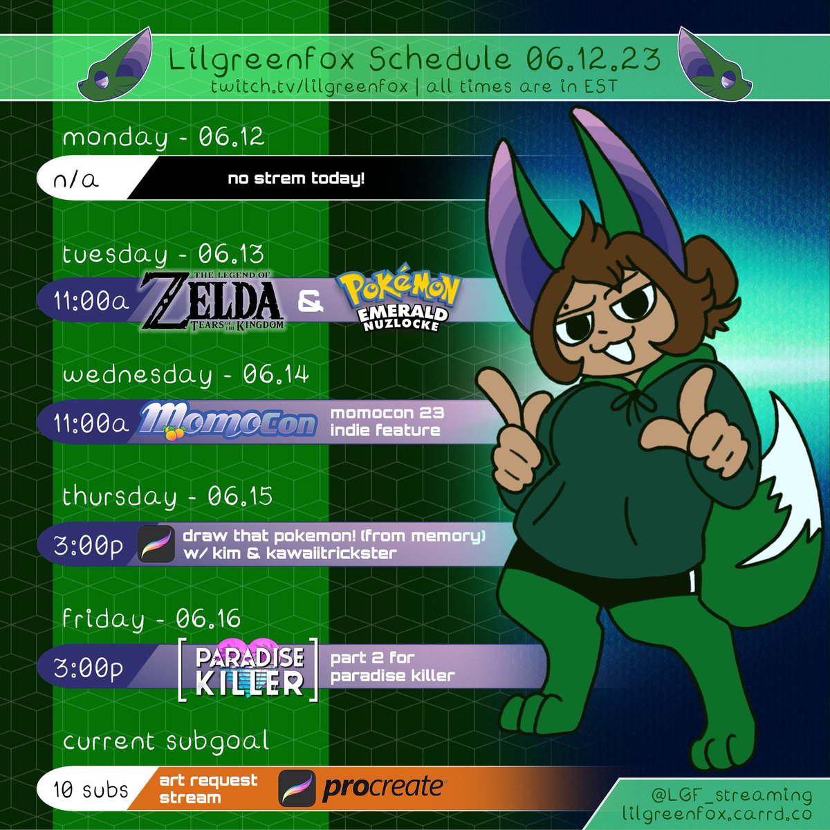 Hey y'all! Here's the stream schedule for the week of 06/12 ✨