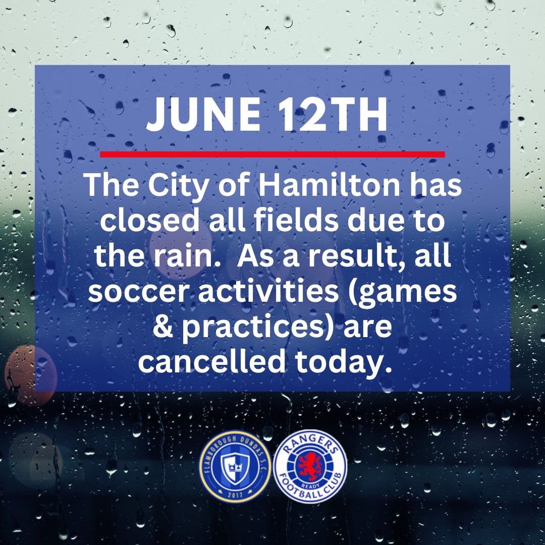 FDSCSoccer's tweet photo. π§οΈ βοΈ The City of Hamilton has closed all fields due to the rain. As a result, all soccer activities (games & practices) are cancelled today, June 12th. β½οΈ
#flamboroughdundassc #flamborough #dundas #hamiltonsoccer #fieldsclosed https://t.co/SmFr7wH6LK