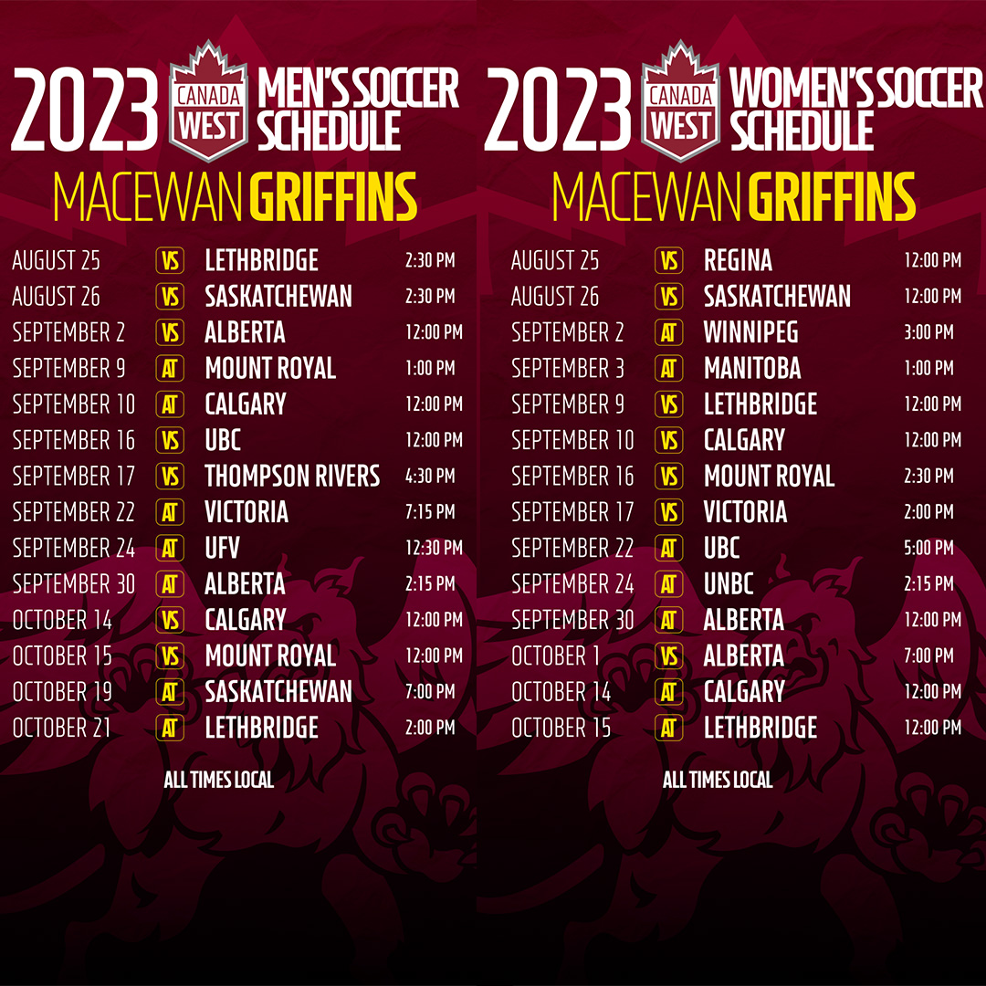 ⚽️| SCHEDULE
Your @MacEwanU @GriffinsSoccer teams will kick off the 2023 @CanadaWest season on Aug. 25 with a doubleheader at Clarke!
#GriffNation

Read more about the teams' @USPORTS_Soccer schedules here👇
macewangriffins.ca/general/2023-2…