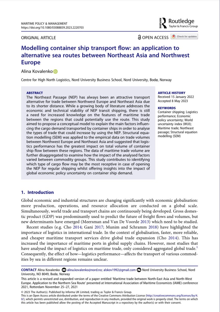 alyakov's tweet photo. 📢 My solo paper is finally out today in the esteemed #Maritime Policy&amp; #Management journal by @tandfonline! 📚 
Open access format for everyone to explore: https://t.co/1Dpi7yxvva. A long but thrilling journey! #containershipping #maritimetrade #arctic #NortheastPassage https://t.co/7iB2vjSZty