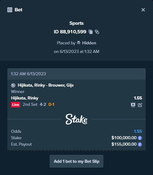 ALERT: New high roller bet posted!
A bet has been placed for $100,000.00 on Hijikata, Rinky - Brouwer, Gijs to win $155,000.00.
To view this bet or copy it stake.com/sports/home?ii…