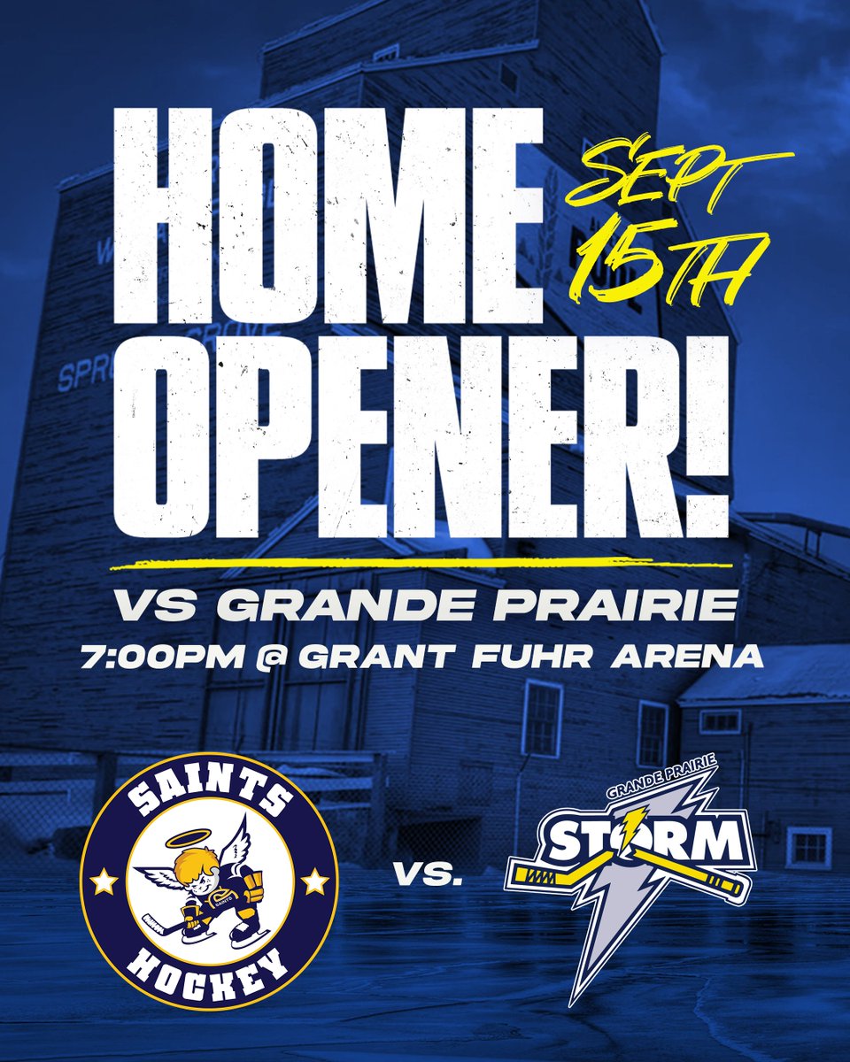 BREAKING NEWS!!

We are excited to announce our 2023 Home Opener is on September 15th vs. the <a href="/GPStorm/">Grande Prairie Storm</a> at 7:00pm!

Be sure to secure your season tickets here --> tickets.sprucegrovesaints.ca

We cannot wait to have the best fans in the AJHL back in our barn!

#AJHL | #SaintsNation