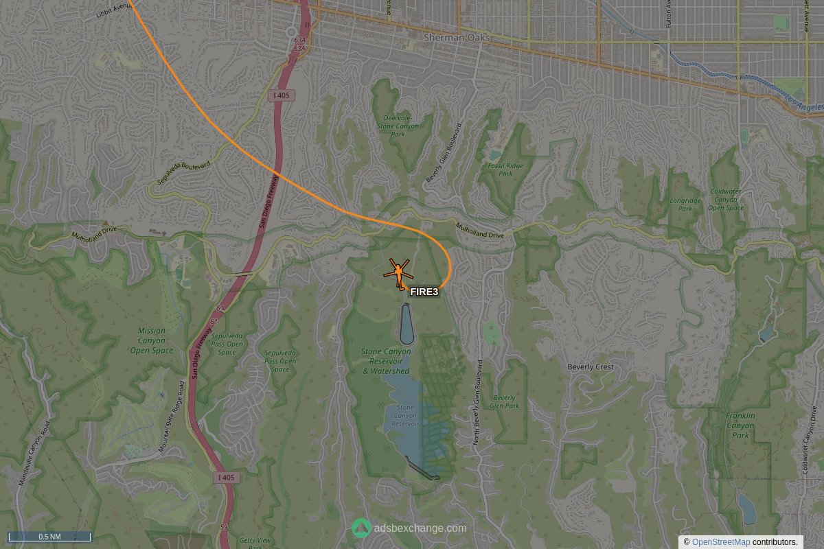 ffoverhead's tweet image. LAFD #N303FD callsign #FIRE3 (A139) was seen near Beverly Crest, Los Angeles, CA at approximately 21:32 UTC squawking 1200 globe.adsbexchange.com/?icao=a32af8&amp;amp;z… #LAFD #LAFire