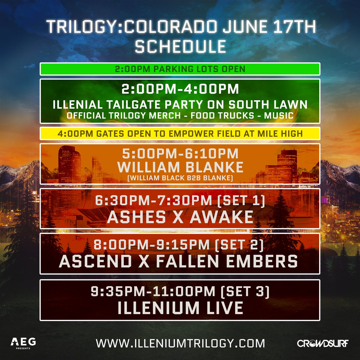 ILLENIUM's tweet image. SET TIMES FOR TRILOGY!! CAN’T WAIT FOR SATURDAY 🎉
