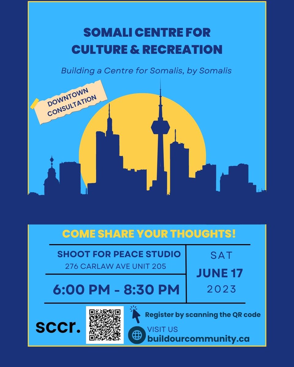 SomaliCentreTO's tweet photo. Canada's first Somali Centre for Culture and Recreation  needs your help to make it as inclusive, community oriented, and sustainable as possible! 
This Saturday, come on down to our first community consultation at 276 Carlaw and have your say! All ages are welcome! https://t.co/jC3gsasCjy