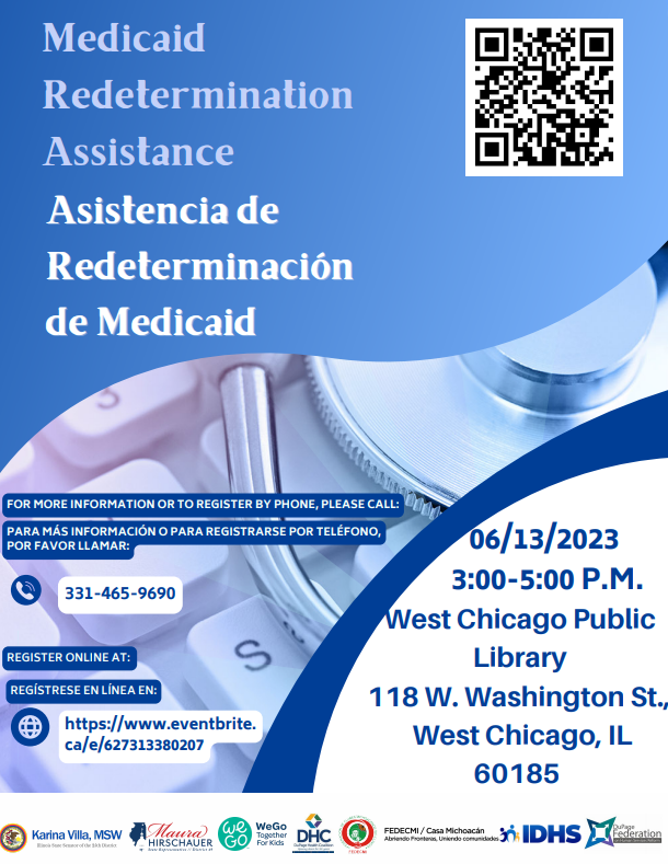 We are helping host an important Medicaid Redetermination Assistance event tomorrow from 3-5 pm at the West Chicago Public Library to help visitors enroll and answer any questions! Please register by calling the number or scanning the QR code.