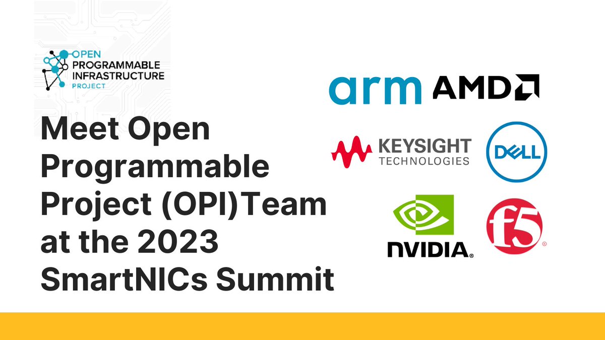 .<a href="/opi_project/">OPI_Project</a> will be at <a href="/SmartNICsSummit/">SmartNICs Summit</a> - join us at our pre-conference tutorial, keynote or any of the sessions on June 13-15 presented by #OPIProject leaders from <a href="/Arm/">Arm</a> <a href="/AMD/">AMD</a> <a href="/DellTech/">Dell Technologies</a> <a href="/Keysight/">Keysight</a> <a href="/F5/">F5</a> <a href="/nvidia/">NVIDIA</a> &amp; more! hubs.la/Q01TbxHR0 #DPU #SmartNICsSummit #opensource