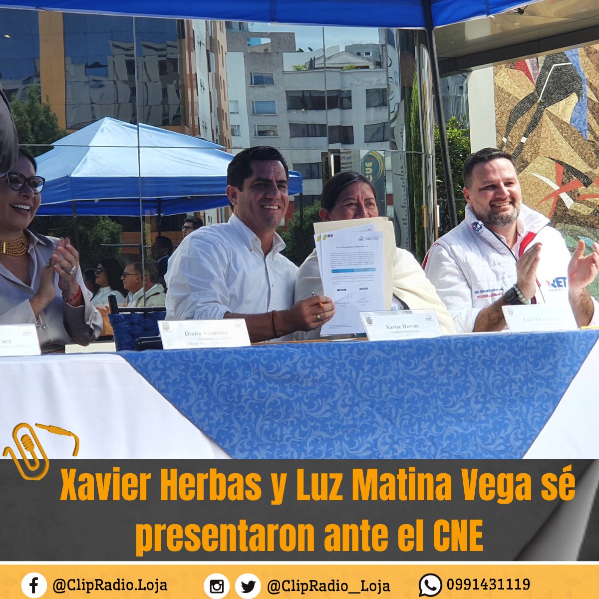 ClipRadio_Loja's tweet photo. #ULTIMAHORA Xavier Herbas y Luz Marina Vega aceptan ante el CNE sus candidaturas para la Presidencia y la Vicepresidencia. Este binomio es auspiciado por el movimiento RETO. #ClipNoticias https://t.co/fNFxTUMdUR