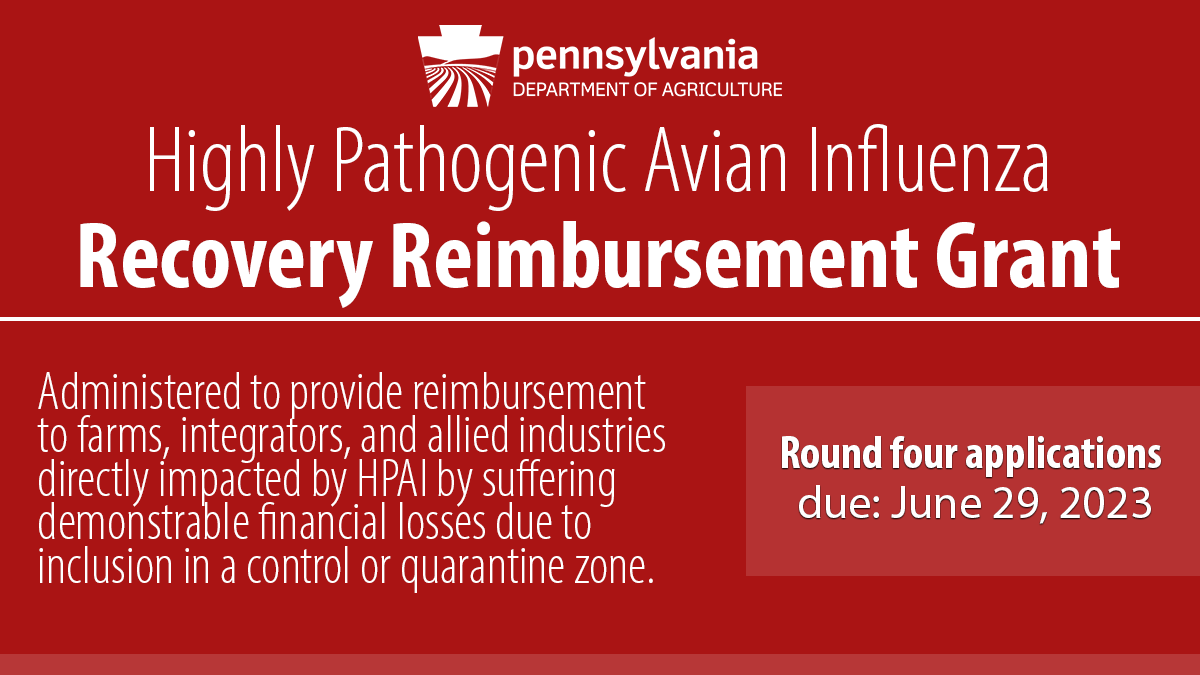 Applications are closing soon for the round four of highly pathogenic avian influenza! 

NOTE: This funding is only for financial losses not covered by U.S. Department of Agriculture indemnity funds.

DEADLINE: Due by June 29, 2023
Learn more: bit.ly/3vgdf5d