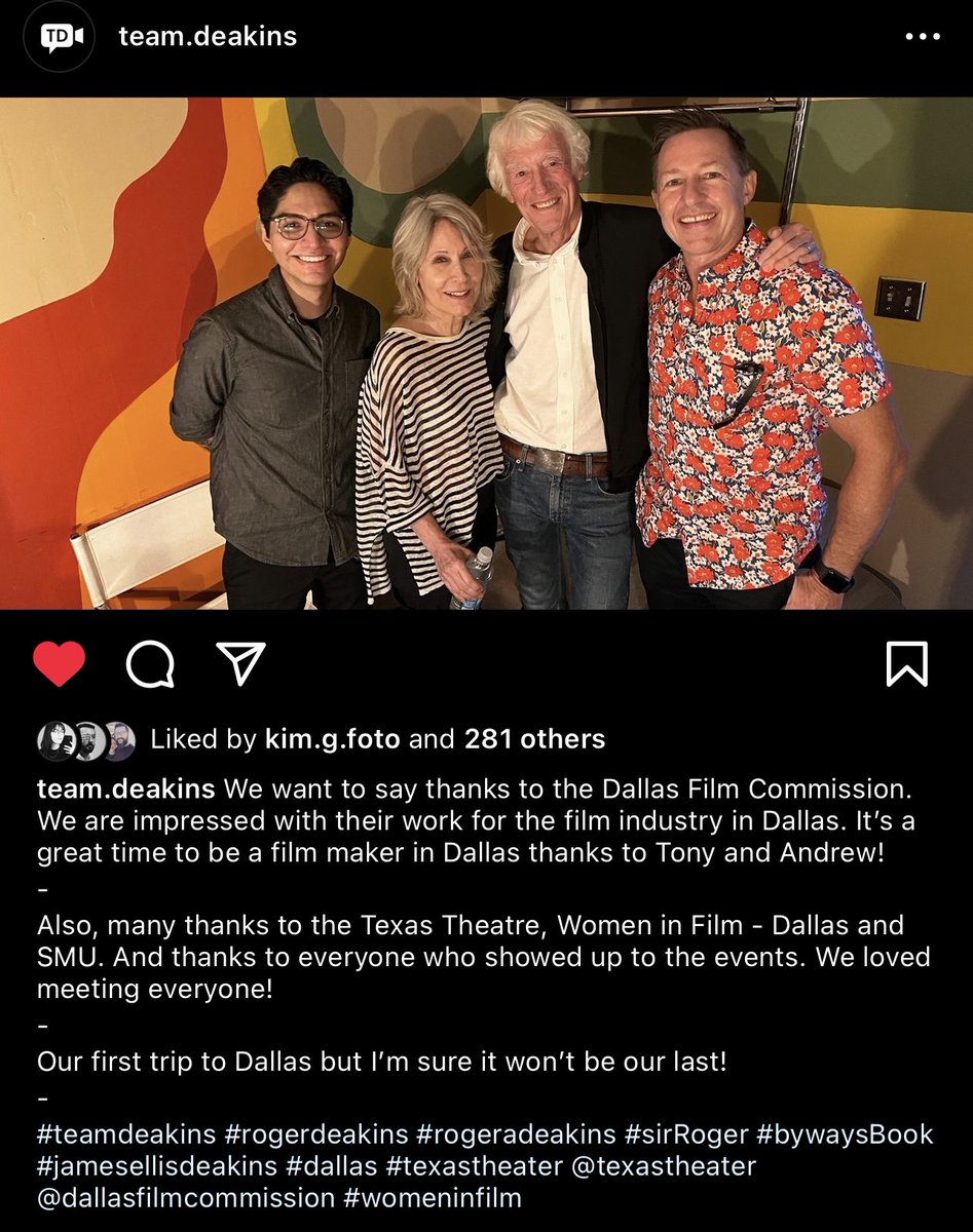 Thank you to Roger and James Deakins. We brought them to Dallas for 6 days full of screenings, book signings, Q+A’s, events at our local film school, women in film chapter of Dallas, etc. They gave us so much of their time and memories to last a lifetime. Read caption. Thank you