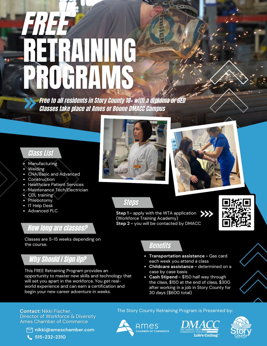 Are you interested in furthering your career? Consider the FREE Story County Retraining Program, open to all residents in <a href="/storycountyiowa/">Story County, Iowa</a>, ages 18+ with a high school diploma or GED. Sign up now for classes that start during the fall of 2023! 

ameschamber.com/story-county-r…